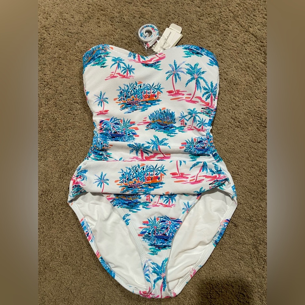 Tommy Bahama Women Island Cays Oasis Bandeau 1 Piece Swimsuit White Size 4 UPF50